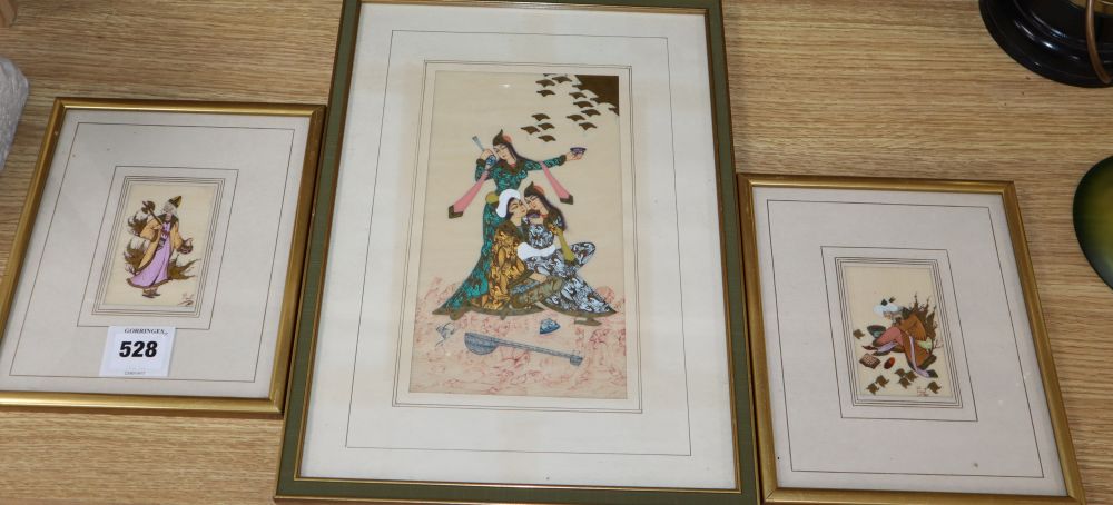 Persian School, three gouache miniatures, two signed, largest 23 x 13cm